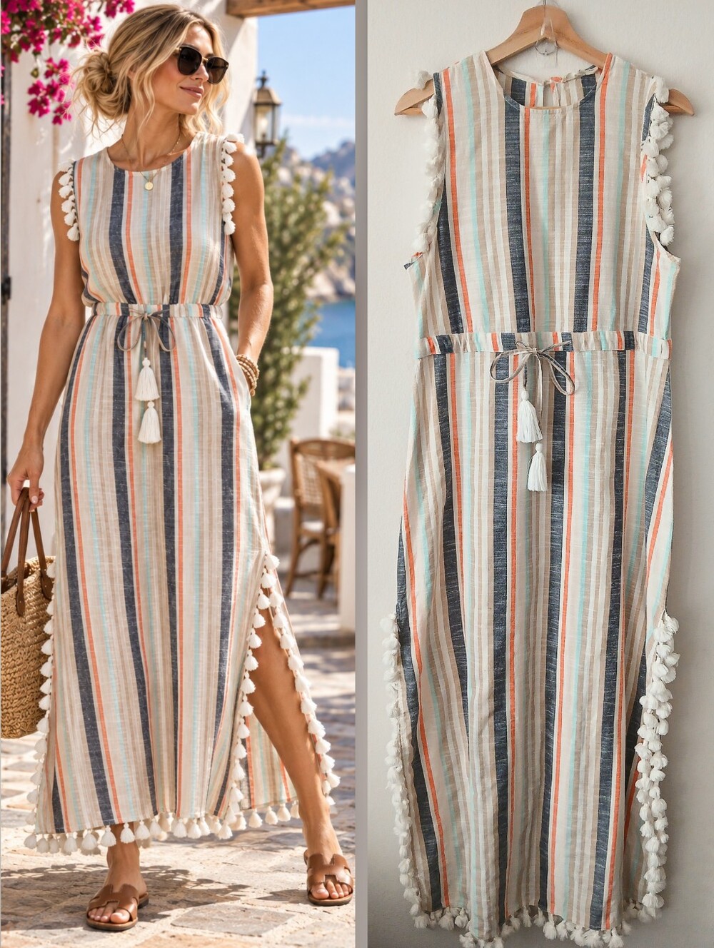 Nightcap Clothing Striped COTTON Pom pom Tassel BEACH Maxi DRESS Women's Size M